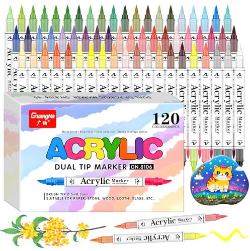 Gunsamg Professionelle Acrylstifte, 60 Stück Doppelspitze mit 120 Farben, Wasserdichte Acryl-Marker für Leinwand, Holz, Stoff, Glas, Keramik