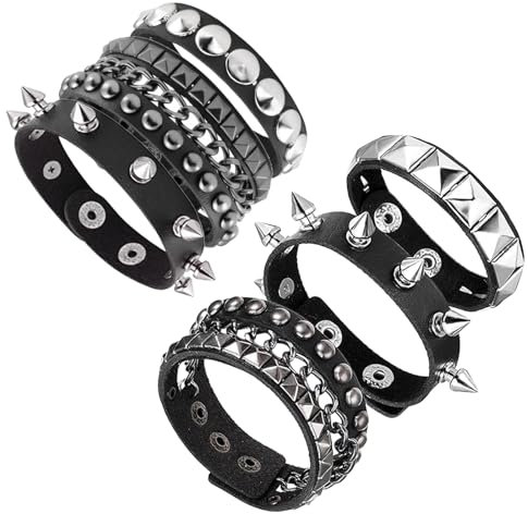 YNR Lederarmbänder im Stil der 80er-Jahre, Gothic-Nieten, Punk-Rock-Stil, Vintage-Stil, für Herren und Damen, 80er-Jahre-Steampunk-Zubehör, verstellbares Armband für Halloween, Cosplay,