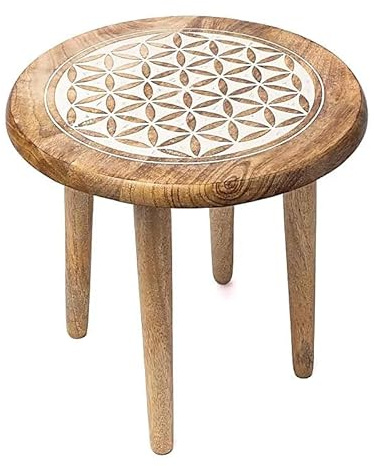 LivuX runde Beistelltisch Blume des Lebens – Weißer Druck – 30×30×31 cm – Massives Mangoholz – Spirituelles Möbelstück für Rituale, Deko & Meditation – Naturprodukt 1312