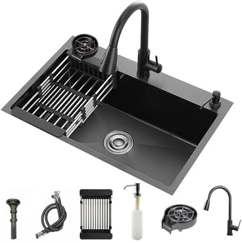 Küchenspüle Einzelbecken Bauernhaus Utility Spülbecken Dreiloch Schwarz Edelstahl Spüle mit Tassenwascher, Seifenspender, Wasserhahn, Ablauf-Set für Bar, Balkon, Küche (50 x 45 cm)