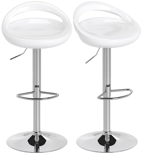HOMCOM Lot de 2 tabourets de Bar, chaises de Bar réglable en Hauteur, Chaise Haute Cuisine avec Dossier et Repose-Pieds, pivotant à 360°, ABS et métal, pour Salle à Manger, comptoir, Blanc