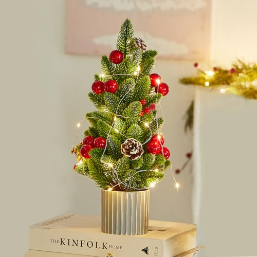 MYELLU Klassisch Klein Künstlicher Weihnachtsbaum mit Beleuchtung - Mini Tannenbaum mit LED für Innen Außen Tisch Fenster Winter Weihnachten(Red Pine)