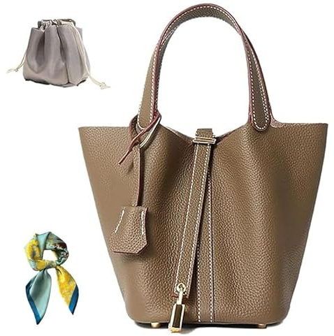 Echtleder-Eimertasche für Damen: Schultertasche, vielseitiger Tragegriff oben, modischer Gemüsekorb, Khaki