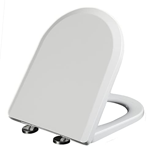 JNTFNE Sedile WC a Forma di D con Chiusura Ammortizzata, sgancio rapido con Cerniere in Acciaio Inox Regolabili, Coperchio Bianco con Fissaggio Superiore