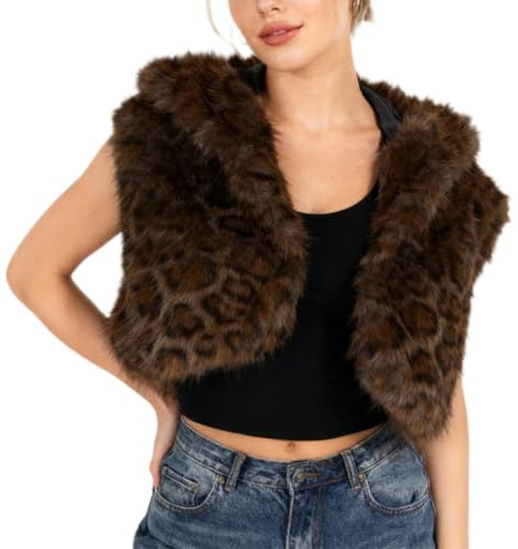 Amazhiyu Gilet da donna in finta pelliccia, senza maniche, bolero in finta pelliccia, aperto sul davanti, cardigan con cappuccio, Marrone, S