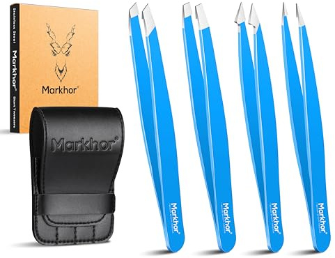 MARKHOR® Blue - Set Profesional de Pinzas de Precisión y Pinzas Depilar para Cejas Vello Facial Astillas y Pelos Encarnados - Acero Inoxidable con Estuche (Pack de 4)