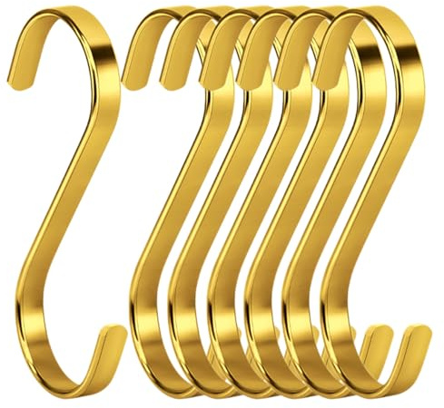 LEKAYIHU 8 Pack Stainless Steel Gold S Hooks for Hanging Pan Pot Coffee Mugs Jeans Bags Holder Rack Hangers Kitchenware Utensils Rail,3.9 Inch (Gold Flat S - Shaped Hooks)