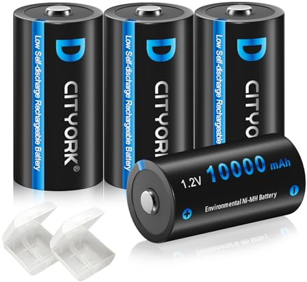 CITYORK 10000mAh D Size Rechargeable Batteries, 1.2V Low Self Discharge NiMH D Cell Batteries (4 Pack)