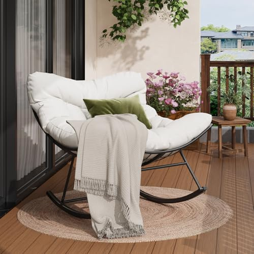GarveeHome Oversized Schaukelstuhl mit Metallrahmen und Dickem Kissen | Stahlrahmen, Komfortkissen, Garten, Terrasse, Pool, Outdoor