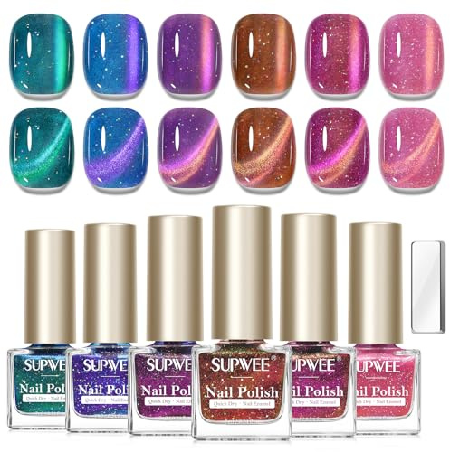 SUPWEE Cat Eye Nagellack Ohne UV, 6 Farben Magnetischer Nagellack | Glitzerpartikeln Effekt Nail Polish mit Magnet Cat Eye Nail Polish für Anfänger Home Maniküre DIY 7ml