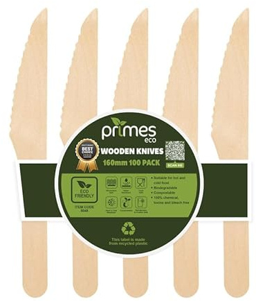 PRIMES ECO 100pcs Disposable Birch Wood Wooden Knives 160mm – Single-Use Cutlery for Parties & Events – Strong Table Knives for Hot & Cold Food – Pairs with Disposable Plates & Bowls
