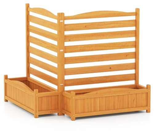 FANTASK Blumenkasten mit Rankgitter, Pflanzkasten Holz mit Spalier, Gartenzaun für Klimaanlagen & Mülleimer, Sichtschutz mit Ablauflöchern für Garten, Hof & Balkon, Natur (2-teilig)