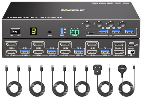 4 Port HDMI KVM Switch 2 Monitors 4 Computers 4K@60Hz EDID Simulation,Dual Monitor KVM Switch with 4 USB 3.0 Ports for USB Peripherals,Audio,RS232,with Wired Remote,12V Power and 4 USB Cables