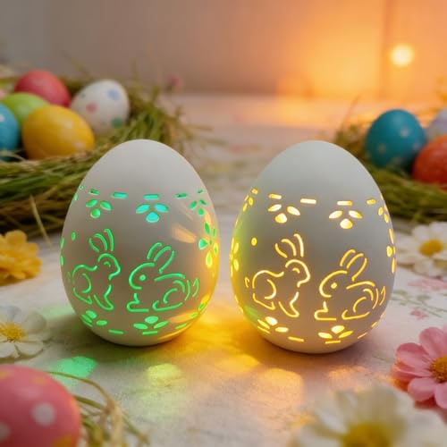 Rubu22a Osterdeko: Weißes LED-Osterei, beleuchtetes Keramik-Osterei mit ausgehöhlter Blume, rustikale Osterfigur im Landhausstil, Tischdekoration (Warmweiße Lichter +Regenbogenlichter)