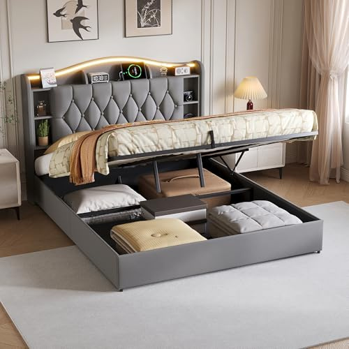 Letto con cassetti 160x200 con LED, letto imbottito matrimoniale con USB, letto a scomparsa idraulico, letto singolo con cassetti e testiera, struttura del letto con rete a doghe, boxspring, grigio