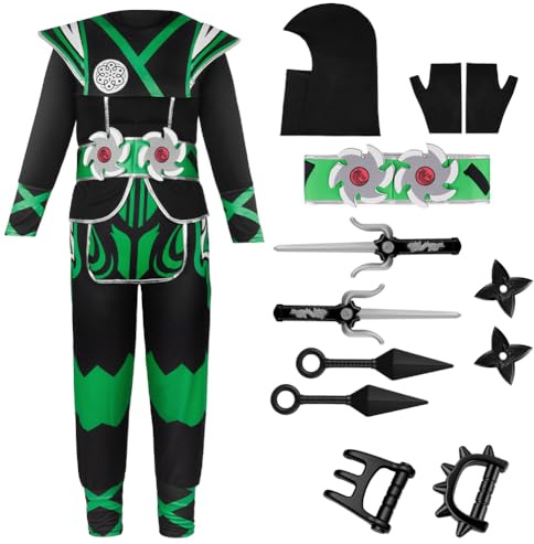 BSBUY Ninja kostym barn, muskelkläder med tillbehör, halloween för Ninja cosplay, barndräkt för fest, karneval, jul, födelsedag, grön, XL