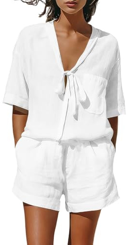 Conjunto Mujer Verano Algodón y Lino Conjunto Corto de 2 Piezas Chándal Completo Casual Cuello V Camiseta Manga Corta con Bolsillo y Pantalon Corto Color Sólido Cómodo Traje para Vacaciones Playa