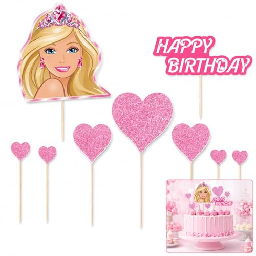 Mistillion 9 PCS Pink Girl Happy Birthday Cake Toppers, Glitter Princess Cupcake Toppers for Birthday Shower Wedding Party Cake Decorations