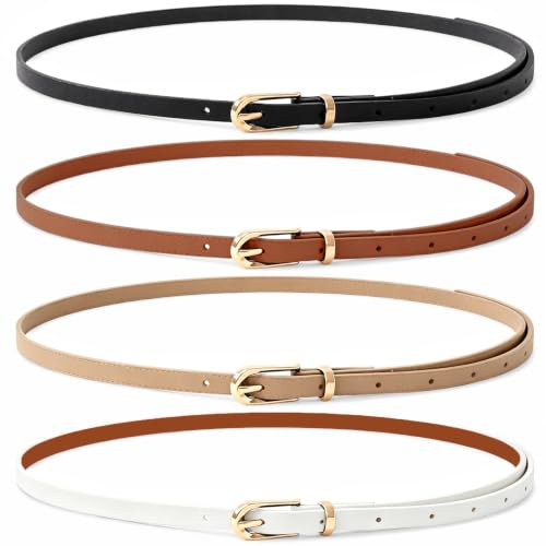 Eudomis 4 Stück Damengürtel, Schmale Taillengürtel für Damen, Verstellbarer Skinny-Gürtel mit Goldener Kreisschnalle, Klassischer Dünner Gürtel für Jeans, Hosen, Kleider und Röcke