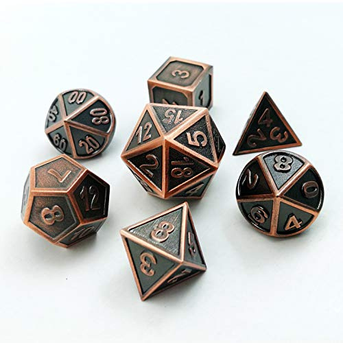 Bescon antik koppar massiv metall polyedriska tärningar set med 7 koppar, metallisk RPG rollspel tärningar 7 st set D4-D20