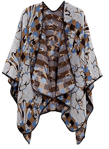 EXCHIC Femmes Chauds Ouverture Avant Châle Chaud Wraps Motif Floral Elegantes Poncho Tricot Cape Manteau (Gris-94)