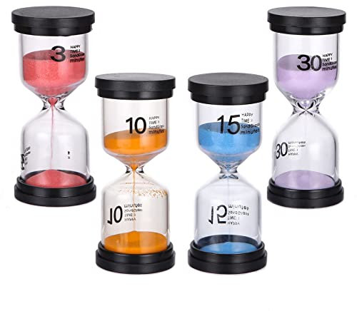 Aokyom 4 Stück Zeitmesser Sanduhren Buntes Sanduhren Set Sanduhren Eieruhren 3 10 15 30 Minuten Timer für Kinder Schule,Kinder zähneputzen,Kita,Büro,Haus Deko Spiel Requisiten