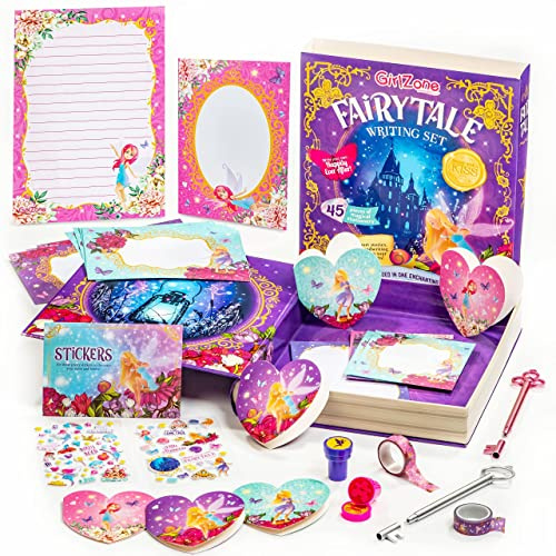 GirlZone Set Cancelleria per Bambina Carta per Lettere delle Fiabe, Kit Cancelleria Fiaba da 45 Pezzi con Fogli, Biglietti e Adesivi in Scatola Libro Regalo Bambini Writing Set