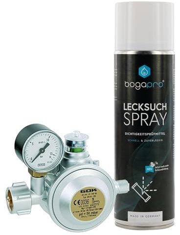 BOGAPRO Gewerberegler mit Überdrucksicherung für Propangasflaschen, Druckminderer mit Manometer, Gasdruckregler inkl. Lecksuchspray
