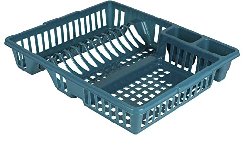 Urban Living Large Plastic Dish Drainer Plate Cutlery Rack Kitchen Sink Utensil Draining Cup Holder Basket Dish Drying Washing Up Storage Tray for Kitchen Sink Counter Top (Blue)