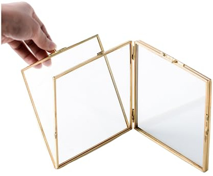 Goldfarbener doppelt faltbarer Bilderrahmen mit Glasfront, Ornament-Pflanzen-Proben-Clip, doppelter Display-Halter, vertikaler schwebender Rahmen, 7,6 x 10,2 cm oder 12,7 x 8,9 cm