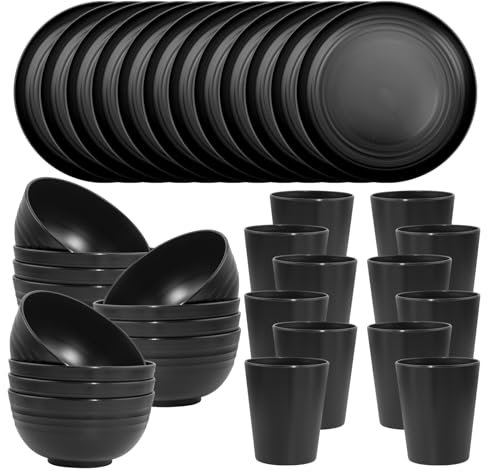LIYH - Juego de vajilla de paja de trigo negro de 36 piezas, juego de platos y cuencos de plástico, platos de plástico irrompibles aptos para lavavajillas, reutilizables para acampar al aire libre
