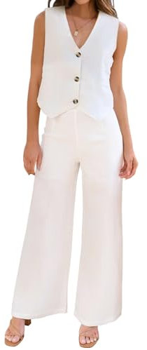 ROYLAMP Conjunto de 2 piezas de verano para mujer, con botones, cuello en V, sin mangas, cintura alta, pantalones de pierna ancha a juego, Blanco, Medium