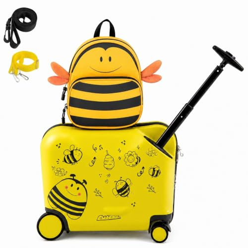 SOARS Kinderkoffer & Rucksack 18”+12”, Reisekoffer mit Rollen & Teleskopgriff, Trolley Kinder, Kindergepäck, Hartschalenkoffer, Kindertrolley für Jungen und Mädchen (Honigbiene)