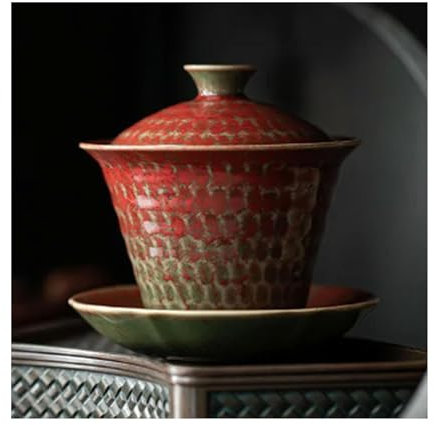 ZZTWER Chinesische Teetasse 180 ml Retro-Teeschale Granatrote Keramik-Teeschale Handgefertigte Hammer-Sancai-Teeschale für Muttertagsgeschenk Zuhause Teetassen mit Deckel