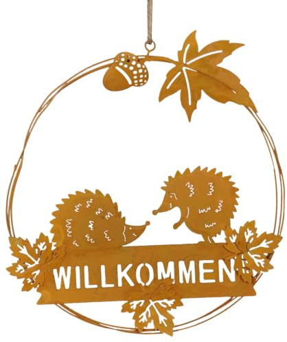 Kranz mit Igeln Willkommen Edelrost Herbst Türhänger Fensterdeko Blätter Eichel Deko D=20 cm