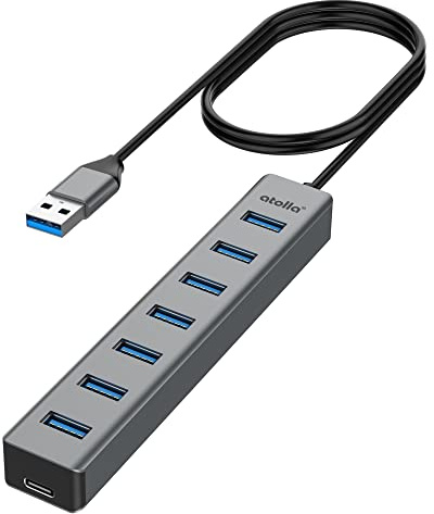 Hub USB 3.0 de 7 puertos con cable de 100 cm, de aluminio, con varios puertos USB 3.0, 5 Gbps de datos y puerto tipo C de 5 V/3 V, multiconector USB para ordenador portátil