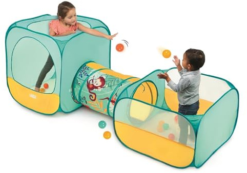 Ludi - Percorso di Gioco Pop-up Jungle - Cubo, Tunnel & Area a Palline - 3 Spazi Divertenti - 30 Palle Incluse - Leggero e portatile con Borsa per il trasporto - Stimola la Motricità e l'immaginazione
