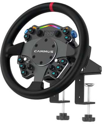 CAMMUS Racing Steering Wheel C12, Housse de volant en cuir + clip de bureau + clavier multifonction, palettes de changement de vitesse magnétiques, fonctionnement PC haute performance - noir