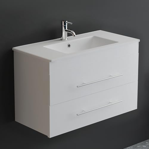 Alpenberger Badmöbel Set mit Waschbecken | Badschrank mit 2 Schubladen | Hängeschrank Bad | Waschtisch mit Unterschrank | Badezimmer Möbel | Waschbeckenunterschrank Weiß - 80 cm
