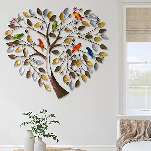 Metallbaum-Wandkunst, bunte Vögel auf Ast, Herzform, Baum, Wandskulptur für Wohnzimmer, Schlafzimmer, Baum des Lebens, Metall-Wanddekoration