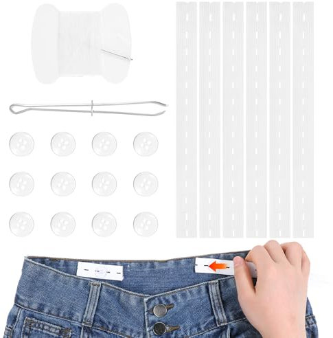 TIESOME Hosen-Taillenspanner, 6 PCS elastische verstellbare Bundverlängerer mit 12 Knöpfen Nadeln und Faden Gürtel Einfädeln Werkzeug weiß Polyester Legierung Kinder Taille Versteller für Frauen Männe