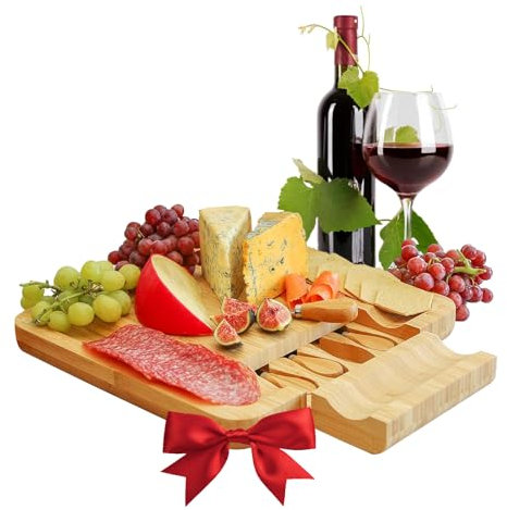 VR7 Bamboo Cheese Board Gift Set | Charcuterie Board with 4-Piece Cheese Knives | Premium Cheese Board and Knife Set with Slide-Out Drawer for Parties, Housewarming, Wedding, and Birthday Gifts