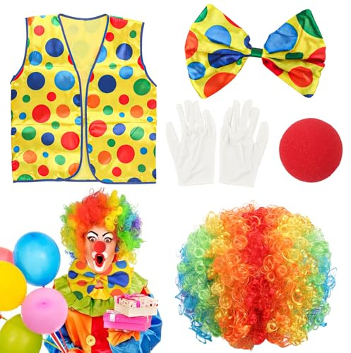 Gxhong Conjunto Disfraz Payaso Colores Adulto, Accesorios Cosplay Circo Niños, Incluye Pelucas de Colores Nariz de Payaso Guantes Chaleco de Corbata, Para Cosplay de Carnaval