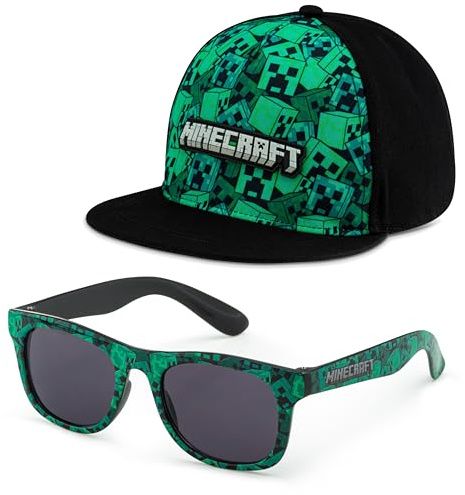 Minecraft Boys' Baseball Cap And Sunglasses Set – Kids Creeper Hat with 100% UV Protection Shades – Officially Licensed Gaming Accessories – Adjustable Cap for Outdoor, Travel & Summer Wear