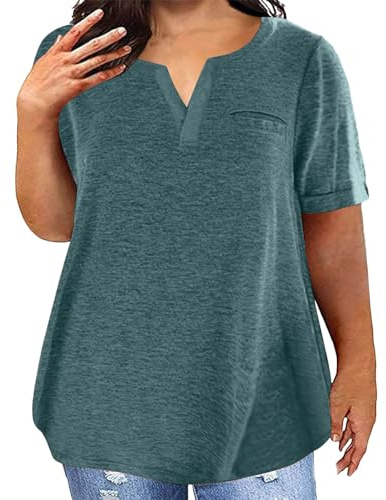 Damen T-Shirt Baumwolle Große Größe Atmungsaktiv Bequem Tshirt Mit Taschen Sommer Volltonfarbe Lockere Lässig Sport T Shirt V-Ausschnitt Kurzarm Basic Oberteil Weiß Sommershirts Tops Für Frauen