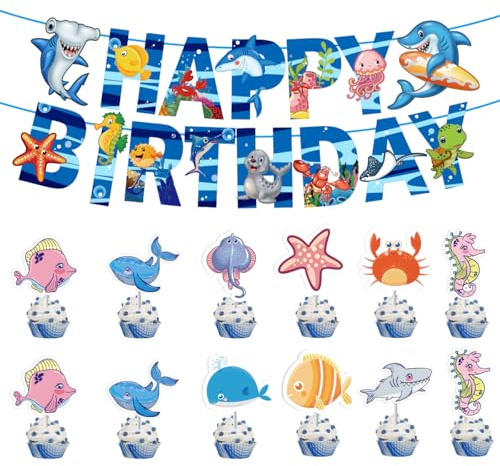 Kiyanest Ocean Födelsedagsdekor – Banner och Cupcake Topper Set för Undervattenstema