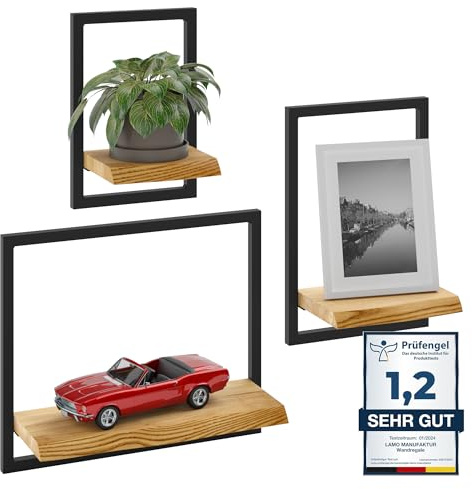 LAMO Wandregal Holz Set 3-teilig - Schwebendes Wandregal aus Massivholz mit unsichtbarer Halterung - Küchenregal, Badezimmer & Wohnzimmer - Wandboard rustikal - hohe Belastbarkeit