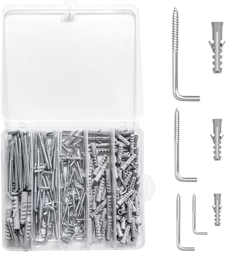AIUNBEST Set de Alcayatas Pared 210 Piezas con 4 Tamaños, Ganchos a Tornillo en L de Acero Zincado Ganchos Pared con 3 Tamaños de Expansores para Hogar Taller y Jardín