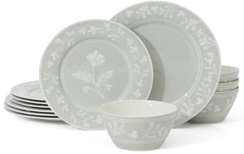 Martha Stewart Dinnerware Set - Maiden Crown 12-Piece Dish Set, Sage Green – New Bone China Ceramic Plates & Bowls – Floral Design – Service for 4 – Microwave & Dishwasher Safe