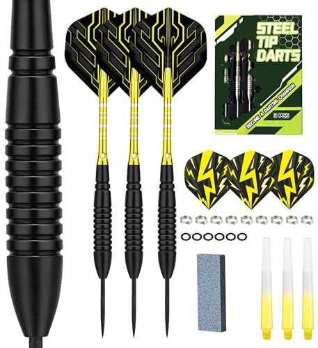 WayArrival 22 g Steel Tip Darts Set – 3 stycken precisionsspilar med kompletta tillbehör | inkl. hårt skalfodral, ersättningsflights, spetsar och O-ringar (svart skaft och gul skiva)